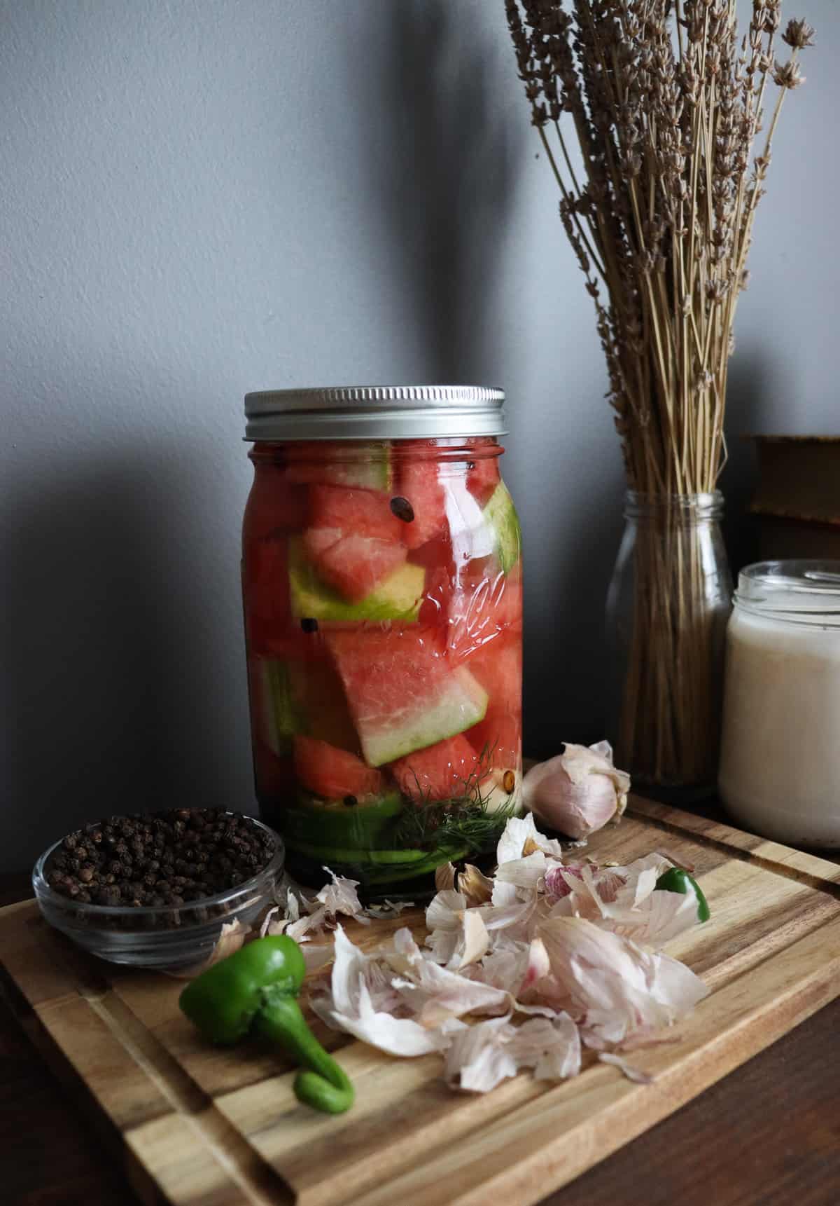 pickled watermelon ready to go in the fridge