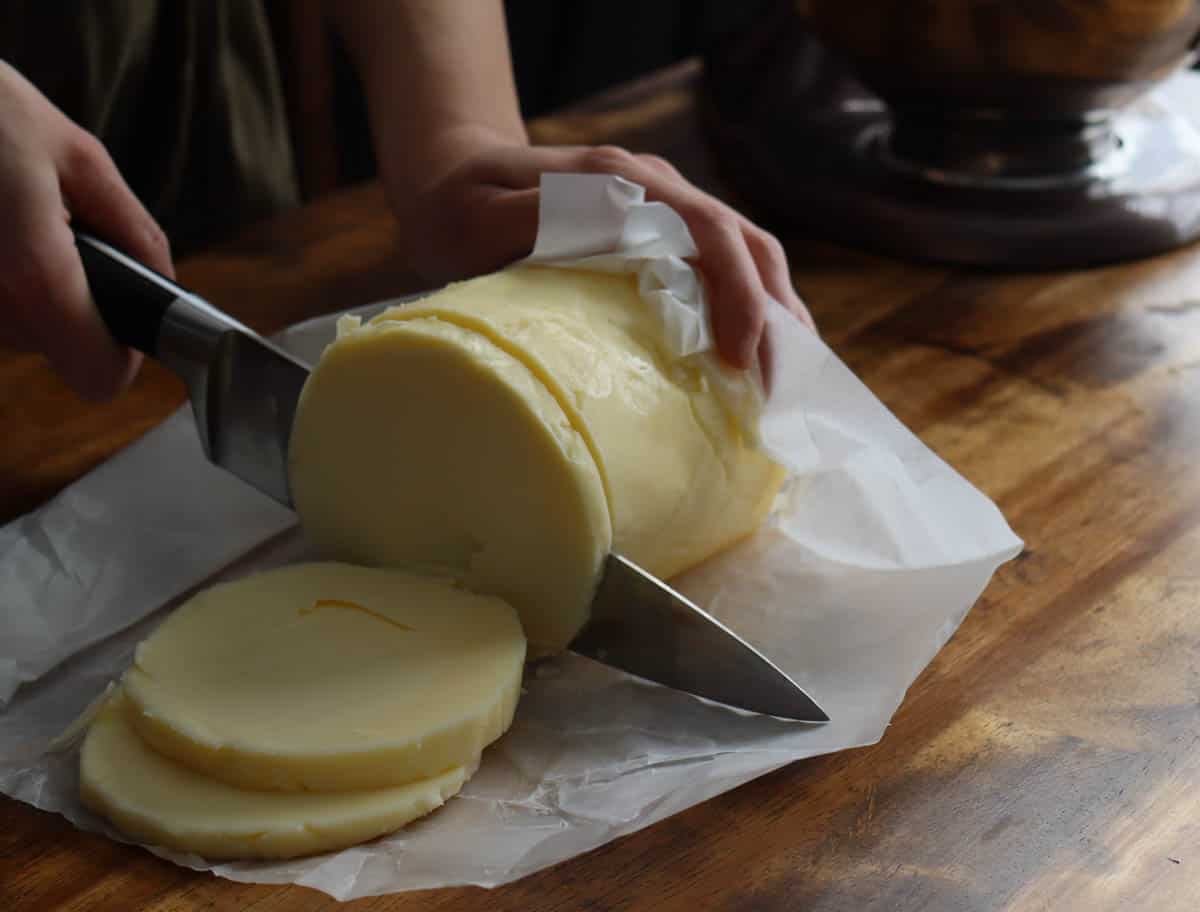 cutting butter to soften and use