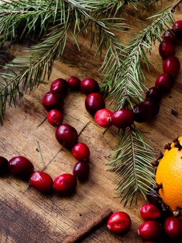 a cranberry garland by a pine branch, cinnamon stick, and an orange pomander