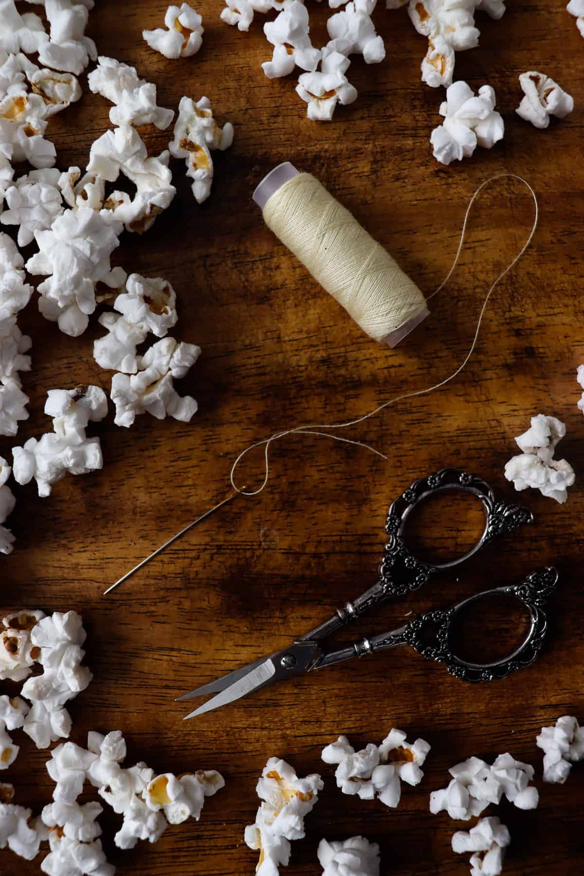 popcorn, scissors, string, and thread