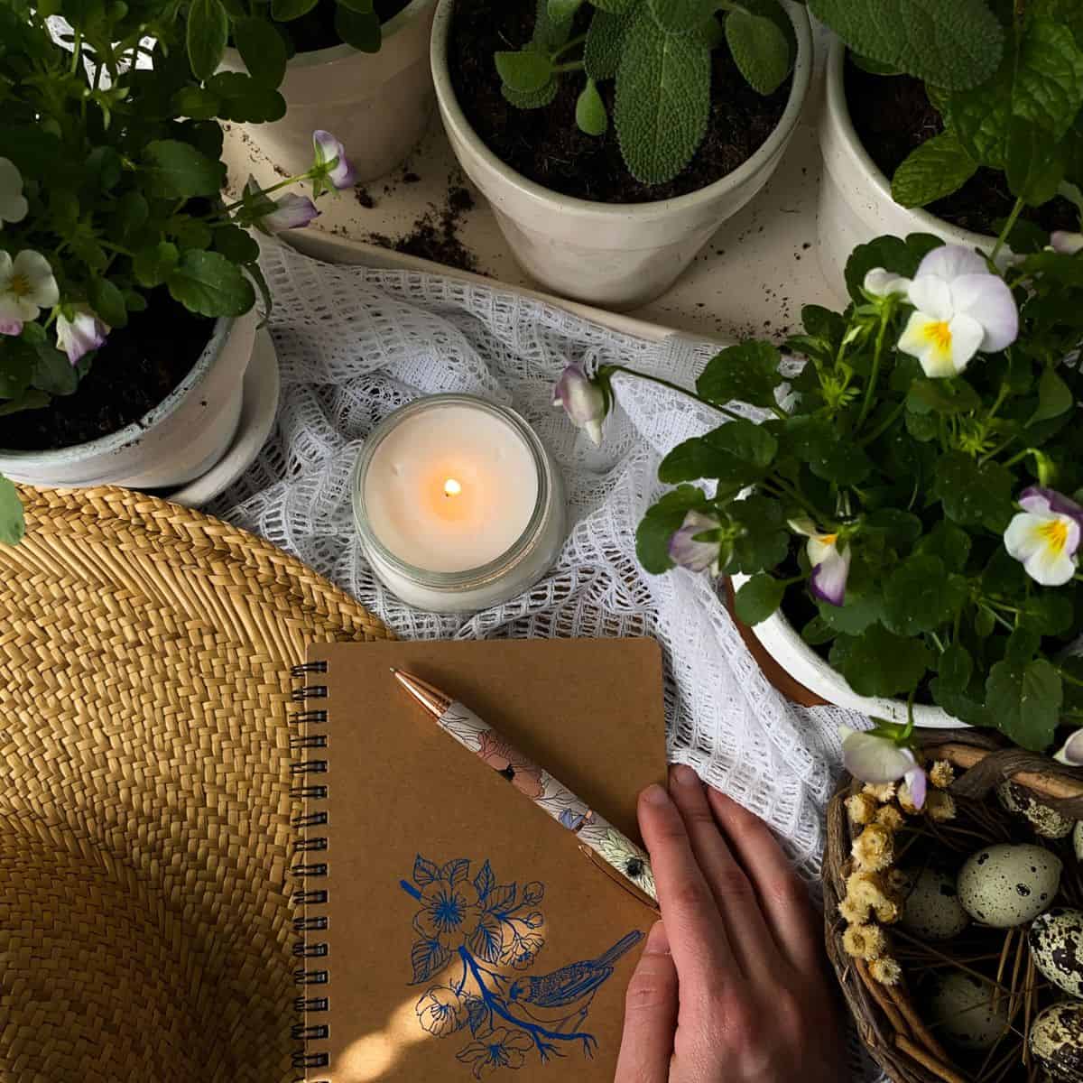 a woman prepares to journal with a candle, hat, plants, and a basket of quail eggs nearby