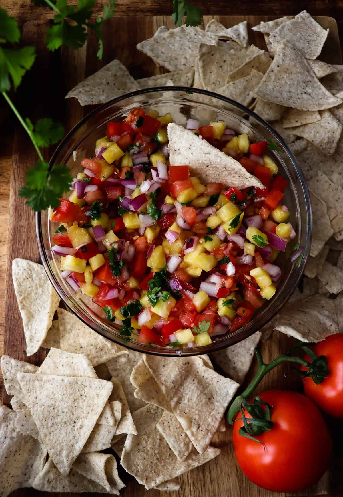 a chip dipped into a glass bowl of pico de gallo surrounded by more chips, roma tomatoes, and a cilantro plant