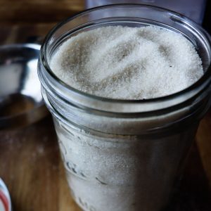 Vanilla sugar in a glass jar.